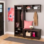 brown wooden mini bench and shoe storage and cloths hanger combined with grey long mat on natural wooden floor as well as hall storage benches and benches with backs
