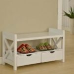 kings brand white finish wood shoe storage bench with drawers